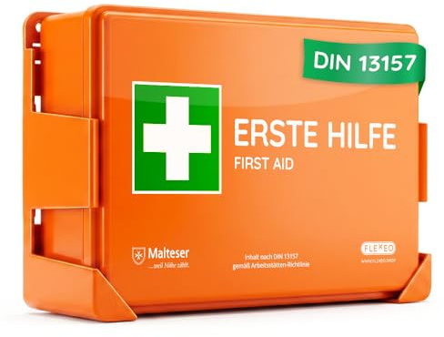 FLEXEO Verbandkasten C nach aktueller DIN 13157 | mit Wandhalterung/Wandmontage | Betriebsverbandkasten/Erste-Hilfe-Kasten für Betriebe, Büro & Baustelle gemäß ASR | orange