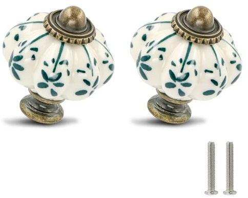 Zernmiarder Elfenbeinfarbene und grüne Kürbisknäufe, 6 Stück, Keramik, Schrankknäufe, Vintage-Stil, Schubladengriffe – antike Kommodengriffe mit Schrauben, grüne Blume
