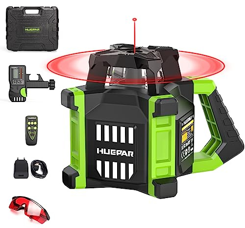 Huepar 360 Rotationslaser mit Empfänger, Baulaser Selbstnivellierend Horizontal/Vertikal Laser Nivelliergerät 800M W/Brille, Fernbedienung, Li-Ionen-Akku