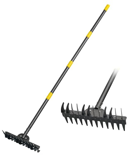 Gartenrechen, Breite Edelstahl-Rechen mit 12 Zinken, 157 cm Längenverstellbarer Rasenrechen mit Rutschfestem Griff, Geeignet für Laubentfernung, Rasen- Und Hofpflege