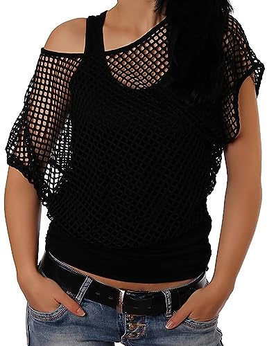 ELFIN Damen Netzshirt Netztop Netzhemd 80er Jahre Outfits Karneval Fasching Motto Party Tops Netzoberteil Sommertops