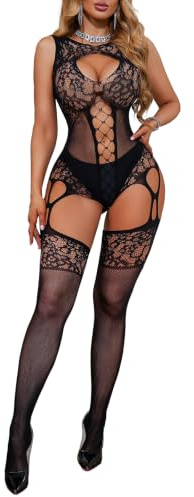 Buitifo Damen Bodystocking Nachtwäsche Catsuit | Dessous Reizwäsche,Curvy,Ärmellos jumpsuit, Hohle catsuit,Transparente Netzstrumpfhose Nachtwäsche,Festival Outfit