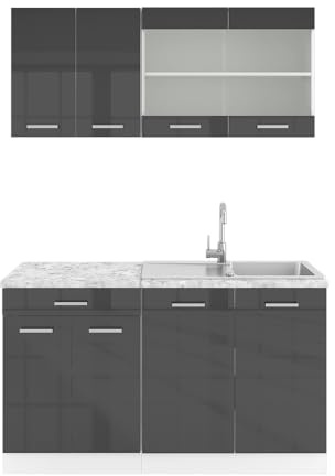 Vicco Singleküche R-Line, Anthrazit Hochglanz, 140 cm, AP Marmor, geeignet für kleine Räume, modular erweiterbar