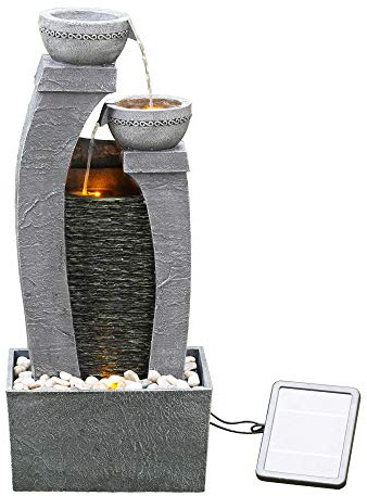 Teamson Home Garden & Outdoor Solarbetriebenes Wasserspiel mit Lichtern, kaskadierendem Springbrunnen, schiefergrauem Wasserfall-Dekor für den Innenbereich und Batterie-Backup