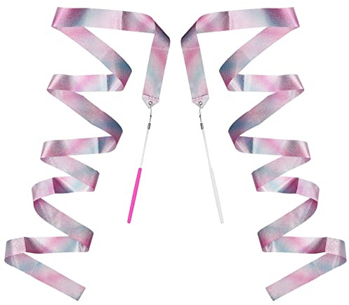 BLMHTWO 2 Stück Tanzband,TanzbäNder Kinder Gymnastikband mit Stab Tanzen Streamer mit Rutschfestem Griff für Kunst Tanz Training Performance(4.5cm*2m)
