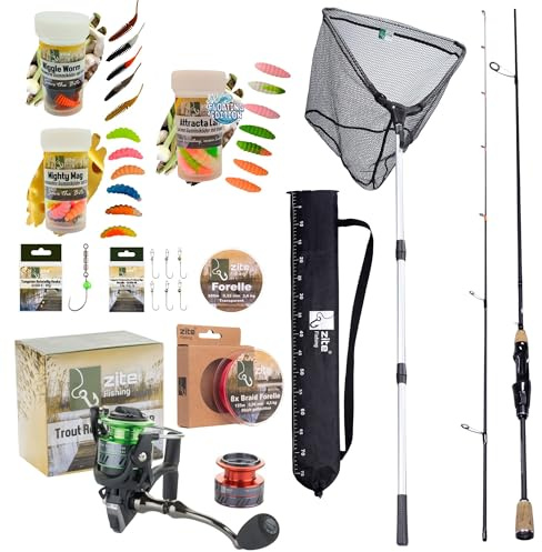 Zite Fishing UL Forellen Angelset | Solid Strike 200 cm Rute mit Trout Reel 1000 Spinnrolle | Gummiköder | Tungsten Rigs & Jighaken | 8X Geflochtene Schnur | Kescher Gummiert