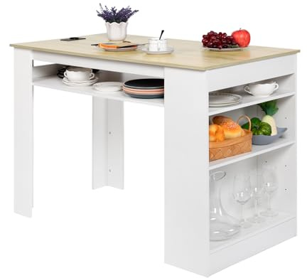 EGGREE Multifunktionstisch Esstisch mit Aufbewahrungsregalen und Steckdose - 110x60x78cm Küchentisch aus Eiche Dekor - Höhenverstellbare Fächer, Ablagefläche, für kleine Räume in Eiche und Weiß