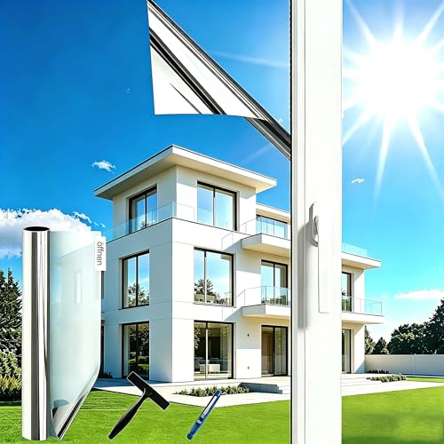 Gutsurge Spiegelfolie Fenster Sichtschutz 44.5x200cm Sonnenschutzfolie Fenster Innen & Außen Fensterfolie Sonnenschutz Einseitige UV Folie Fenster Hitzeschutz ideal für Wohnzimmer und Büro, Silber