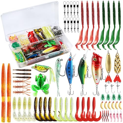 71 PCS Angelzubehör Angelköder Set, Angelset Angelhaken Köderbox Angeln, Angelköder für Süß- und Salzwasser, Kunstköder Gummiköder Jigs Head mit Barsch Köder Forellenköder, Angelgeschenke für Männer