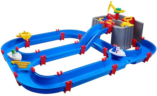 AquaPlay Harbour Wasserbahn - Outdoor-Wasserspiel mit Bahn, Booten und 2 Spiel-Figuren - Wasserspielzeug für Kinder ab 3 Jahre, 128 x 93 x 40 cm