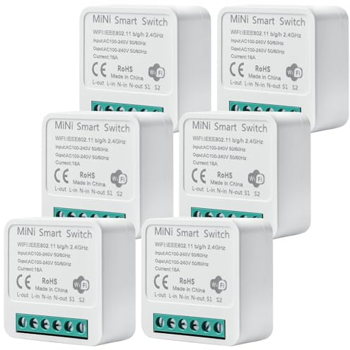 6 Stück Smart Lichtschalter Modul 2 Wege: Mini DIY WLAN Schalter Passt hinter Wandschalter, Smart Lichtschalter Modul Kompatibel mit Tuya App, Alexa und Google Home, Neutralleiter Erforderlich