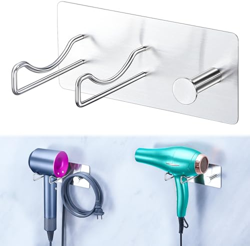 XILIMOR Föhnhalterung Bad Wand Ohne Bohren, Föhn Halterung Fönhalter Edelstahl mit Kabellagerungsregale, Haartrocknerhalter Zum Kleben für Bad Schlafzimmer Hotel, Silber
