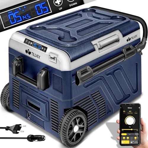 tillvex® Kompressor Kühlbox elektrisch 40-60 Liter | Elektrische Gefrierbox WIFI-APP-Steuerung 12/24 V 230V | Kühlschrank bis -20 °C für Auto, Lkw, Camping (Navyblau, 40 Liter)