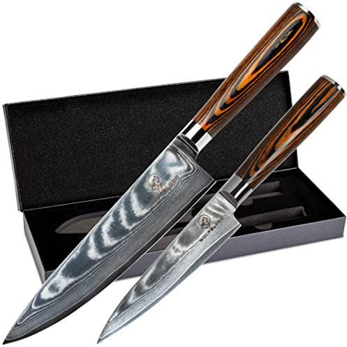 Wolfblood 2er Chef Damastmesser Set XL 32/24 cm | 67 Lagen Damaststahl | 62±2 HRC TÜV-geprüfter, optimierter VG-10 Stahl | Damast Küchenmesser Set | Chefmesser, Klingenschutz & Geschenkbox