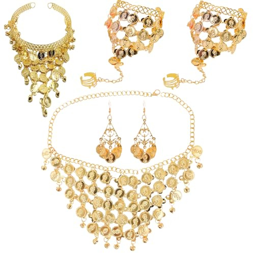 Zeaying 6 Stücke Schmuckset Bauchtanz, Bollywood Kostüm, Ketten Gold set | Damen Schmuck, Vergoldetes Bauchtanz-Schmuckset für Frauen, Böhmen Goldmünze Kleine Münzen, Mottoparty, Karneval