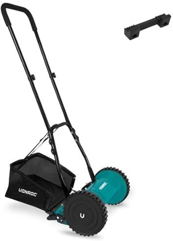 VONROC Handrasenmäher - Rasenmäher manuell 30cm breit - Spindelmäher mit 4 Höheneinstellungen (15-25-31-35mm) - Rasenmäher für kleine Flächen - Inkl. Wandhalterung & Grasfangkorb