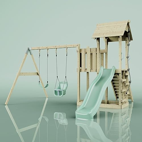Rebo Spielturm mit Wellenrutsche und 2X Kinder-Schaukel, Outdoor Klettergerüst Garten mit Plattform,Mintgrün