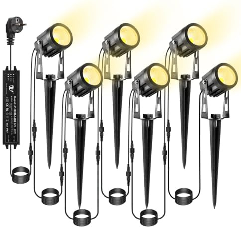 ECOWHO Gartenbeleuchtung, 6er Set Gartenleuchte mit Erdspieß, IP65 Wasserdicht LED Gartenstrahler mit Stecker, Warmweiß Scheinwerfer Gartenlampe Wegbeleuchtung Spot Außenbeleuchtung für Outdoor