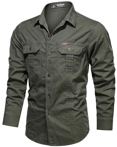 PADOLA Hemd Herren Baumwolle Hemden Langarm Slim Fit Cowboyhemd Stehkragen Westernhemd Taktisches Hemd Outdoor Arbeitshemd Safarihemd Einfarbige Freizeithemden