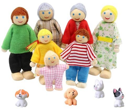 mizikuu Puppenhaus Puppen Familie Set, 7 Stück Puppenhaus Figuren mit 4 Stück Hund Hölzerne Puppenfamilie Biegepuppen Wunderschönes Holzpuppe Spielzeug Puppenhaus Zubehör Kinder Geschenk