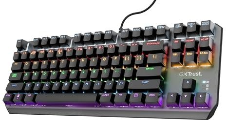 Trust Gaming GXT 834 Callaz TKL Mechanische Tastatur, Deutsches QWERTZ Layout, Outemu-Schalter, Mehrfarbige LED-Beleuchtung, 12 Media-Tasten, USB Gaming Tastatur 80% für PC, Laptop, Mac Schwarz