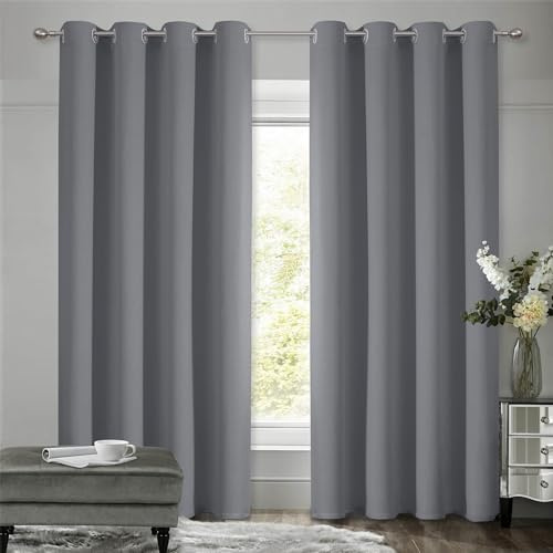 VEHEDE Gardinen Blickdicht Schlafzimmer 175 cm Lang, Thermovorhang Abdunkelnde Vorhänge Lungsvorhang mit Ösen, Lärmschutzvorhang, Verdunklungsvorhänge, H 175 x B 140 cm, Grau, 2er Set