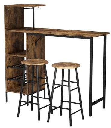 Vicco Bartisch-Set Fyrk, Schwarz/Eiche rustikal, 121.5 x 40 cm mit 2 Hocker, geeignet als Essplatz mit Ablageflächen zur Aufbewahrung