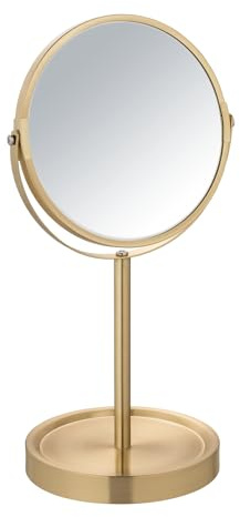 WENKO Standspiegel Mod. Alata Gold matt, Kosmetikspiegel mit 3-Fach Vergrößerung, stufenlos schwenkbar, mit Ablage, Ø 17 cm