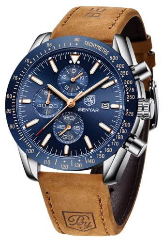 BENYAR Uhren Herren Analog Quarz Chronograph Herrenuhren Wasserdicht Datum Lederband Armbanduhr Lässig Business-Kleid fur Männer Klassische Elegantes Geschenk,Braun/Blau.