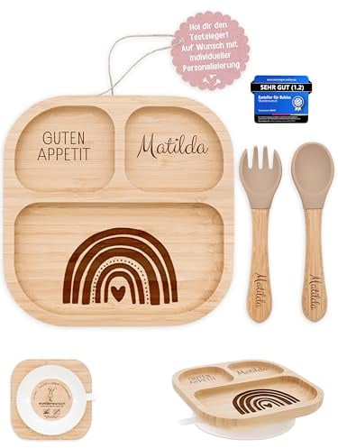 Bärenfreunde Babyteller personalisiert, Bambusteller Baby mit Saugnapf | Holzteller und Kinderteller für 1 jährige Kinder, personalisierte Geschenke zur Geburt und Taufe Junge von Patentante