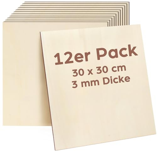 LotFancy 12 x Sperrholzplatte 3mm, 30 x 30 cm Sperrholz Linde zum Basteln | Dünne Holzplatten zum Basteln, Holz Blatt Zuschnitte, für Laserbearbeitung, Handwerk, Holzbausatz, Modellbau