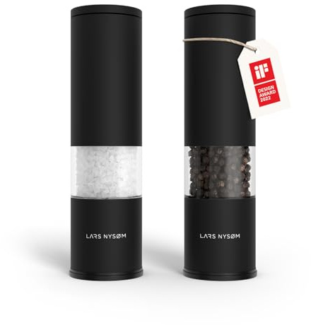 LARS NYSØM Salz und Pfeffermühle Set Manuell mit einstellbarem Keramikmahlwerk I Edelstahl Pfeffermühle und Salzmühle I Design Gewürzmühlen Set (2 Stück) (Carbon Black)