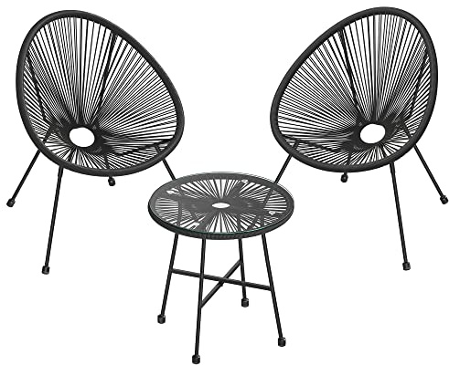 SONGMICS Balkonmöbel, Gartenmöbel-Set, 3er Set, Sitzgruppe, Terrassenmöbel, Tischoberfläche aus Glas, 2 Stühle, Innen- und Außenbereich, für Terrasse, Garten, Balkon, im Freien, schwarz GGF013B02