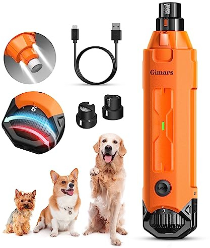 Gimars Krallenschleifer für Hunde 6-Gang Mit 2 LED-Licht, Superleise, 12000RPM Verstellbare Hunde Krallenschleifer, Krallenschleifer mit USB,Geeignet für Große, Mittlere und Kleine Katzen und Hunde