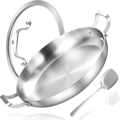 Inqibee Paella Pfanne 30 cm mit Deckel, Edelstahl Paellapfannen, Edelstahlpfanne Unbeschichtet, Stainless Steel, Für Induktion & alle Herdarten - Ofenfest, Spülmaschinenfest