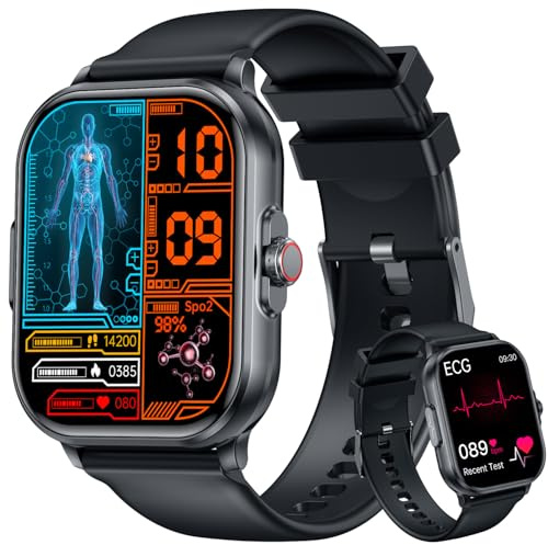 Smartwatch Herren mit EKG+HRV 𝐁𝐥𝐮𝐭𝐳𝐮𝐜𝐤𝐞𝐫 Blutdruck: Uhr Smartwatch Gesundheitsuhr Wasserdicht Fitnessuhr 𝐄𝐂𝐆 Herzfrequenz Telefonfunktion 2.0 TFT Eckig Großes Display Armbanduhr Schwarz