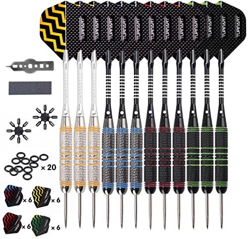 Turnart Dartpfeile Metallspitze -12 Stück 24 Gramm Profi Steel Darts | Dartpfeile Profi Dartpfeile Steel Set 12 Aluminium Schaft mit 24 Flights 20 Anti-Lose Gummiringe