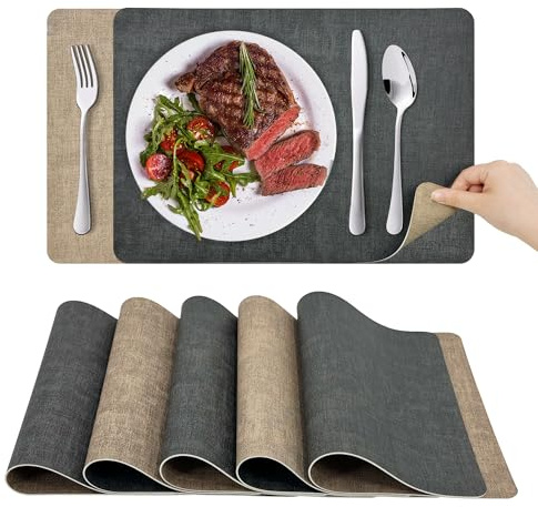 KitchenBoss Platzsets Abwaschbar Tischsets Abwaschbar: Platzdeckchen und Untersetzer 6er Set Hitzebeständig Tischset rutschfest Doppelseitigen Platzset (Grau Aprikose) 43x30cm,10x10cm