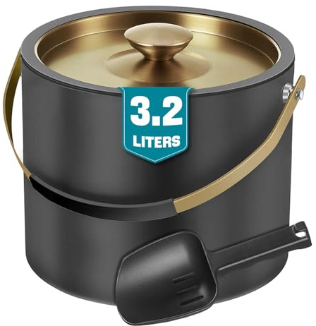 3.2L Eiswürfelbehälter mit Deckel und Schaufel, Edelstahl Eiskübel Doppelwandiger Isolierter Eisbehälter für Cocktailbar und Partys (Schwarz)