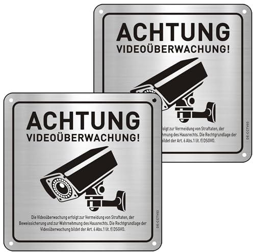Achtung Videoüberwachung Schild mit DSGVO Hinweis, 15×15cm Videoüberwachung Schild Aluminium mit Selbstklebend 2St