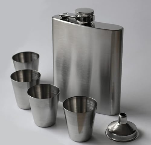 Flachmann Set mit Trichter & 4x 3cl Pinnchen – Edle Geschenkbox Verpackung, Flachmann 7 oz, 207ml inklusive 4 Schnapsgläser und Trichter