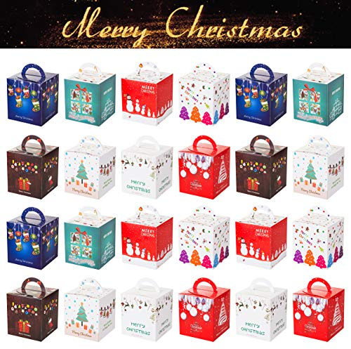 GWHOLE 24 Stück Schachtel Weihnachten Geschenkboxen Karton mit Henkel zum Befüllen für Gebäcke Kekse Mitgebsel Geschenke