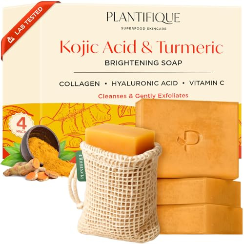 PLANTIFIQUE Turmeric and Kojic Acid Soap - 4 Kurkuma Seifen für Gesicht, Hyperpigmentierung & Dunkle Flecken Seife - Gesichtsseife Mit Kojisäure, Kollagen, Vitamin C - inklusive Netzbeutel, 320 g