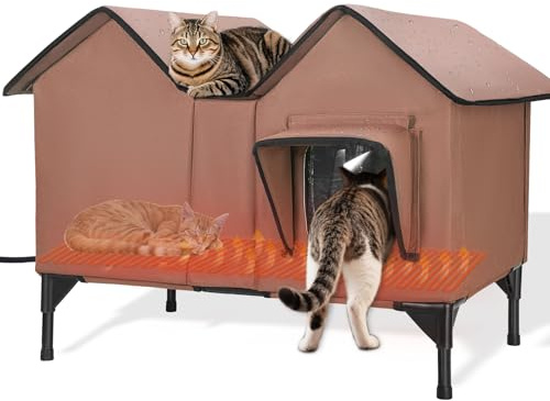 Beheiztes Katzenhaus, Vergrößerte Katzenhaus Outdoor Winterfest Isoliert mit Fluchttüren und Heizpolster für Mehrere Katzen Hunde, Erhöhte Wasserfeste Robuste Katzenhöhle für Draußen (Braun)