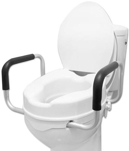 PEPE Mobility Toilettensitzerhöhung mit Armlehnen 10 cm Weiß, WC Sitzerhöhung mit Deckel für Senioren und Erwachsene, Toilettenaufsatz ohne Bohren, erhöhter Toilettensitz für klassische WCs