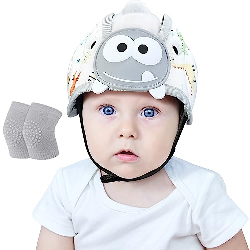 Orzbow Baby Helm mit Knieschoner, Weißer Dino | Atmungsaktiv, Kopfschutz zum Krabbeln und Gehen, Verstellbar, Anti-Kollision, Ultraleicht, Hochwertige Baumwolle und EVA