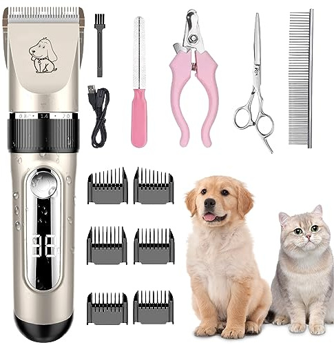 Hundeschermaschine IPX7 Schermaschine Hund mit LCD-Anzeige | Haustiertrimmer kabellos mit 2000mAh Akku Keramikklinge und 6 Kammaufsätzen Tierhaarschneidemaschine für Hunde & Katzen