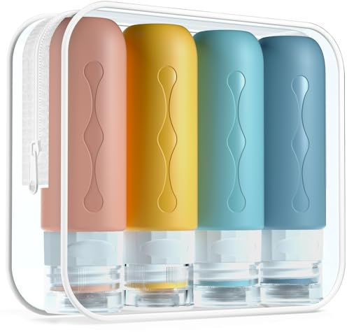 Gemice Silikon Reiseflaschen 90ml Set, 4 Stück auslaufsichere Reise Container und Reise Toilettenartikel Set, FDA zugelassene nachfüllbare Flüssigkeitsbehälter für Shampoo Creme Spülung Körperpflege