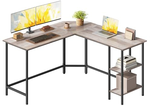 VASAGLE Schreibtisch, L-förmiger Computertisch, 138 x 138 x 76 cm, Eckschreibtisch mit 2 Ablagen, platzsparender Bürotisch, Gaming, Homeoffice, einfacher Aufbau, Greige-schwarz LWD72MB