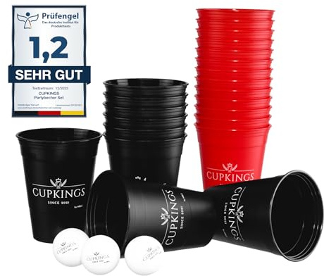 CUPKINGS Becher Set 22 Stück – 473 ml / 16 oz – Hartplastik – Spülmaschinenfest & Wiederverwendbar – Mehrwegbecher für Party & Festival - Schwarz/Rot